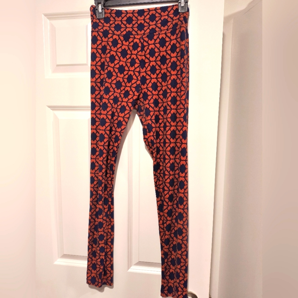 NWOT LuLaRoe Orange and Navy Geometric Butter Soft Leggings Size Tall&Curvy